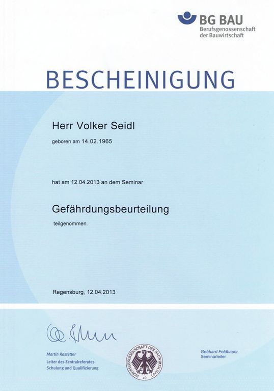 Zertifikat BG Bau — Gefährdungsbeurteilung und Arbeitssicherheit