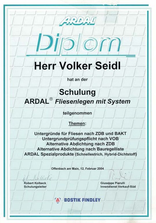 Zertifikat Untergründe und Abdichtung nach ZDB